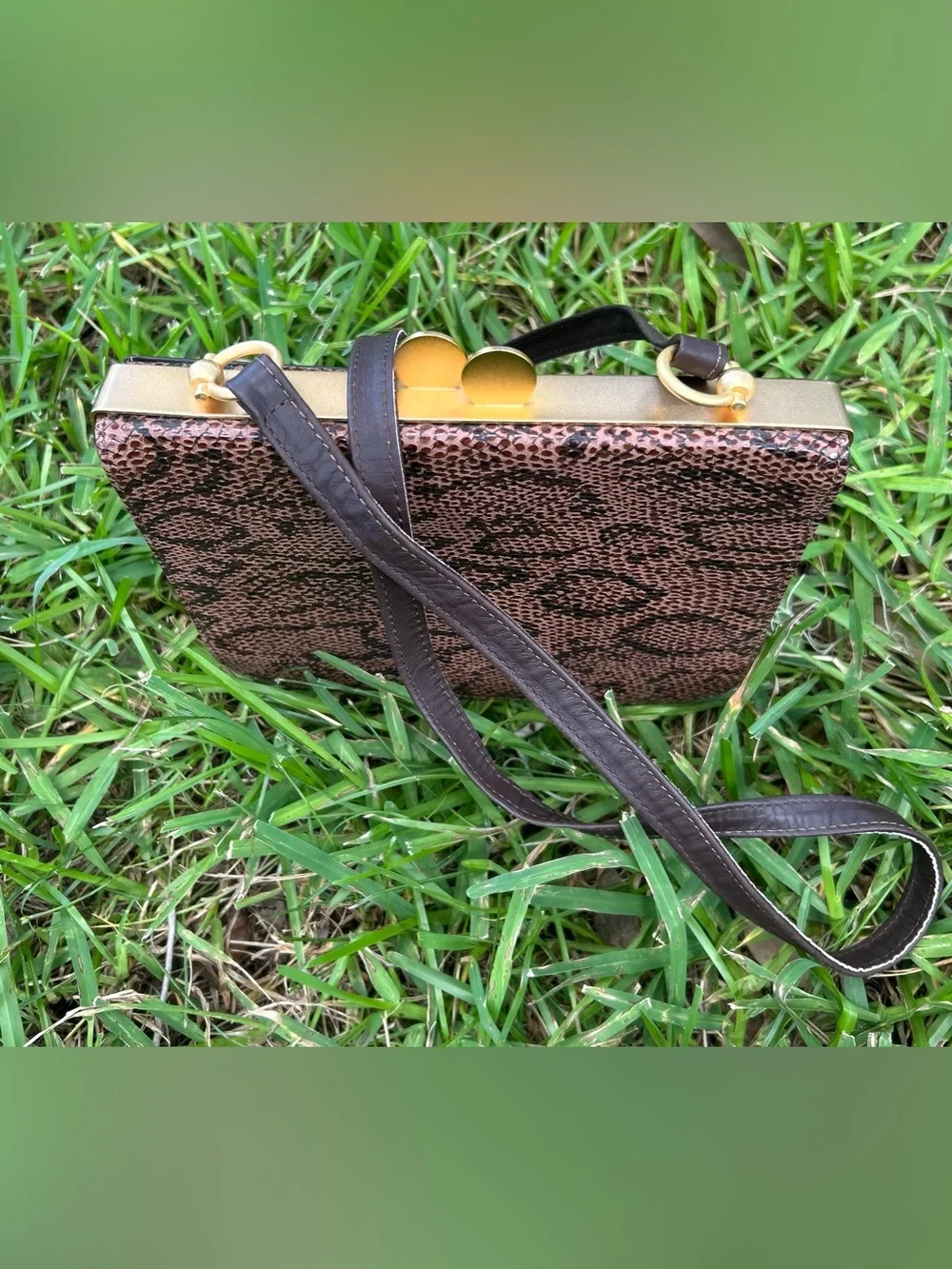 Vintage Brown Reptile Print Clutch with Gold Frame